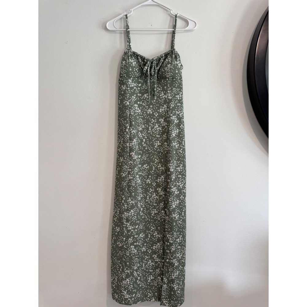 No Boundaries Floral Tie-Front Midi Dress Womens XS Green Sweetheart Neckline
